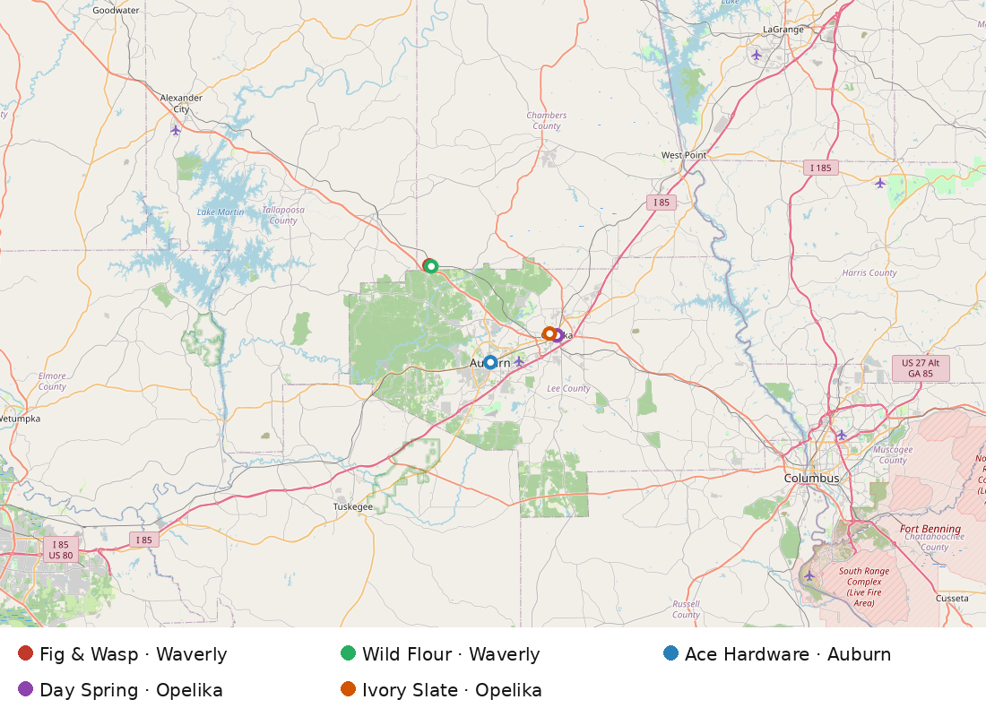 Map with pins for Fig and Wasp, Wild Flour, Ace Hardware, Day Spring, and Ivory Slate